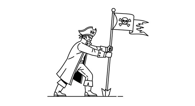 Pirate planting flag on island, skull and crossbones, treasure map concept, adventure symbol