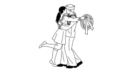 Obraz premium Sailor Kissing Girlfriend Goodbye or Hello, Military Love Story, Vintage Style Line Art
