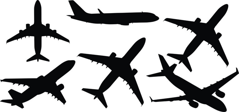 Collection of six commercial airplane silhouettes, black vector icons of passenger jets in side profile and varied flight angles isolated on white.