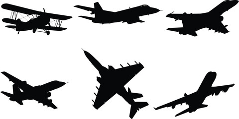 Collection of six diverse aircraft silhouettes, black vector icons of fighter jets, vintage biplanes, and helicopters isolated on white. © Only