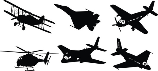 Collection of six diverse aircraft silhouettes, black vector icons of fighter jets, biplanes, and helicopters isolated on white. © Only