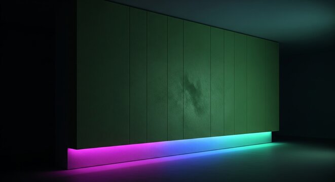 A dark, modern interior featuring a green paneled wall accented by a vibrant pink and blue RGB LED strip along the floor.