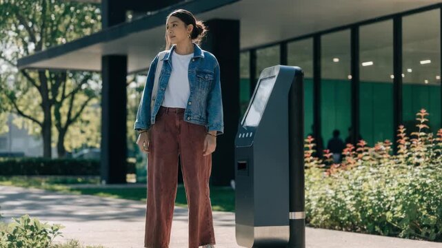 Medium shot of a campus visitor navigating a selfservice wireless activation kiosk near a student center the green campus environment softly out of focus behind.