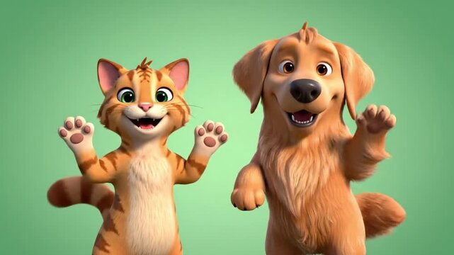 Happy cartoon cat and dog characters waving hi greeting loop, whimsical friendship animation 4K