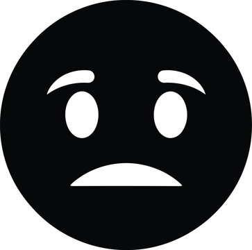 Sad face emoji or emoticon, black circle with furrowed eyebrows and downturned mouth, isolated on transparent background