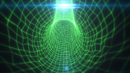 Obraz premium Bright green wireframe grid tunnel with lens flare, forming an abstract sci-fi data corridor and futuristic technology background