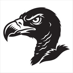 Stylized black silhouette of a vulture head.