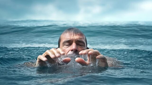 Man Floating in Water with Hands Raised to Sky