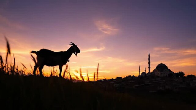 Eid al Adha goat sunset silhouette islamic festival spirituality rural landscape tradition