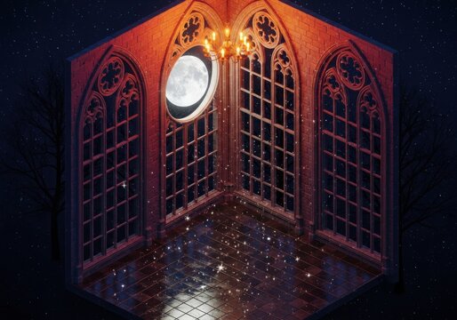 Gothic Isometric Room Glowing Under Full Moon and Starlight, Magical Fantasy Interior Background for Storytelling and Games