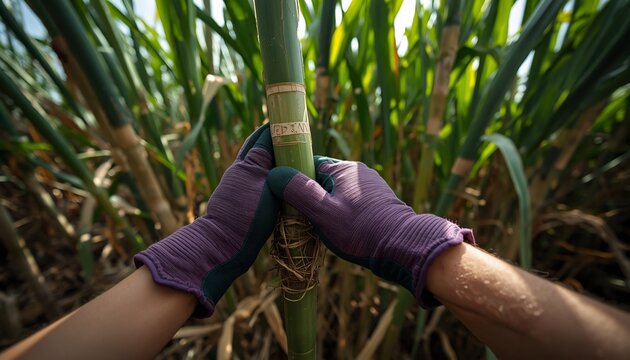 Hands Wearing Garden Gloves picking Ganna (Sugarcane)