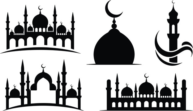 Islamic mosque silhouettes set featuring masjid domes and minarets with crescent moon symbols for Ramadan Kareem and Eid Mubarak designs.