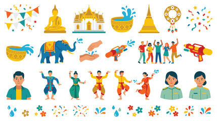 Fototapeta premium Thai Songkran festival elements with water guns and happy people celebrating