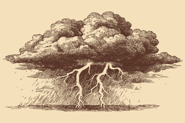 Silhouette of a storm cloud, vector illustration. A furious, dark storm cloud silhouette emitting two powerful, pointed lightning bolts striking the ground. © PanzaDesign