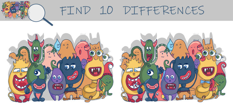 Find the differences game. Cute Monsters. Hidden objects puzzle game for kids. Sketch vector illustration.