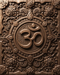 Ancient Om Wood Carving Relief &ndash; Asian Sacred Ornament Fusion with Thai Kranok, Lotus, Mandala, Clouds and Waves