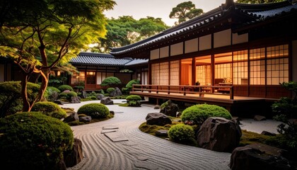 Serene Japanese Karesansui Zen Garden and Traditional House at Golden Hour