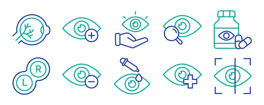 Ophthalmology line editable icon set. Contain icons related to medical eye care, optometry, vision correction, and more. Editable stroke. Vector illustration