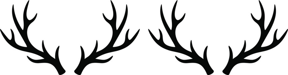 Obraz premium Deer antlers silhouettes collection featuring reindeer and elk horns for hunting club logos forest wildlife icons and winter holiday decoration on white.