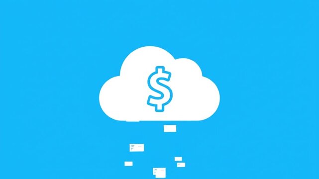 Motion graphics animation of a white cloud with a dollar sign inside and data files falling, representing financial cloud computing and e-commerce.