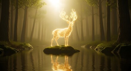 Naklejka premium Majestic glowing deer in mystical forest with sunlight reflections
