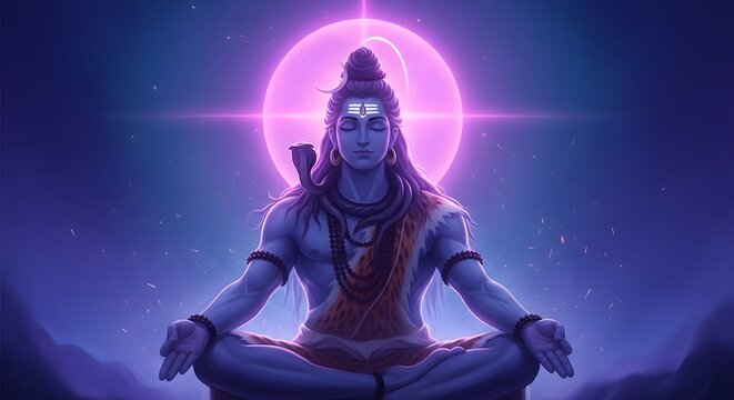 Digital illustration of Shiva meditating with glowing aura and serene background