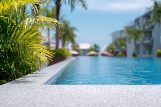 ヤシの木と青空のあるスイミングプールの景色