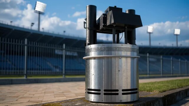 Medium shot highlighting a compact edge computing micro data shelter near stadium perimeter main container and carrier gear in crisp detail stands and lights softly out of focus.