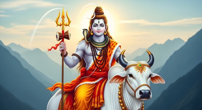 Hindu deity Shiva riding Nandi in serene mountain landscape