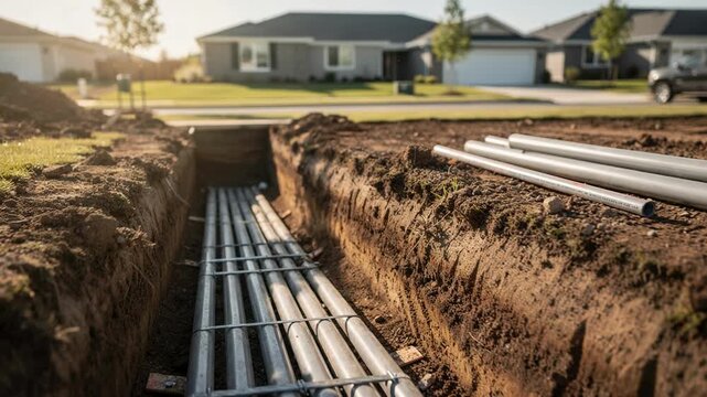 Installation of underground conduit ducts in a suburban subdivision emphasizing conduit alignment with homes softly blurred in the background.