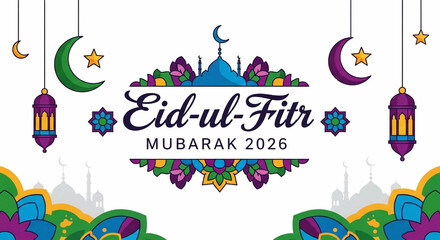 Fototapeta premium A colorful and festive flat vector banner for Eid-ul-Fitr 2026, featuring purple lanterns, green and purple crescent moons, and intricate mandala-style floral patterns.