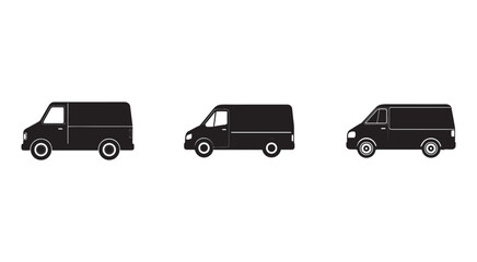 Fototapeta premium Three black van silhouettes in different angles on white background for transportation and logistics concepts