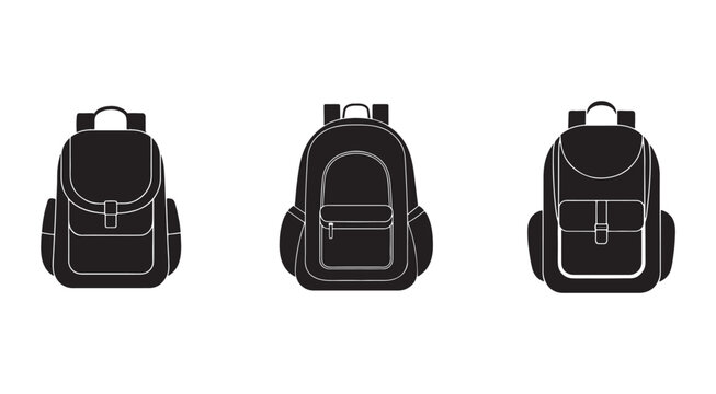 Three different backpack designs with white outlines on solid white background  school bags with various shapes and sizes
