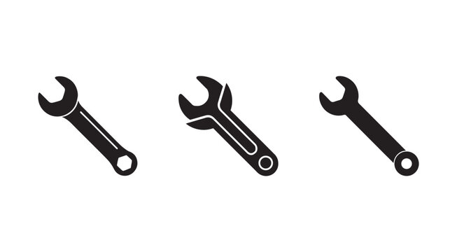 Three black wrenches on white background for repair and construction  tools for fixing and building