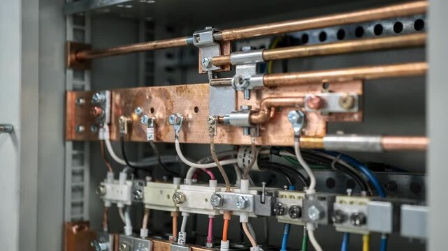 Inspection of telecom cabinet grounding bars captured with clear focus on bonding points and busbar conductivity background elements gently out of focus.