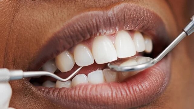 A close-up of a dark-skinned woman's mouth during a dental examination. Dentist instruments examine her white, healthy teeth
