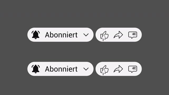 German Subscribe Button Bundle - Like Share Comment Bell Icons - Alpha Channel 4K. Each icon is clicked and changes color. Includes red and black subscribe button versions.