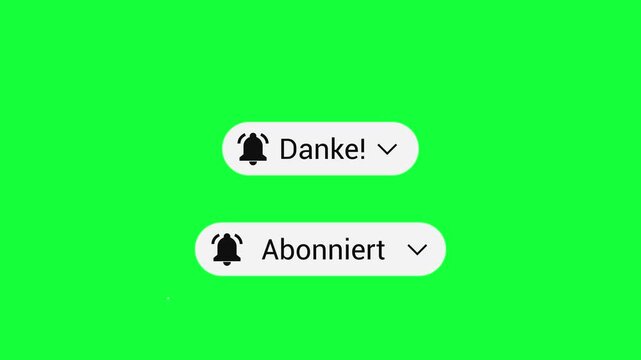 2 German Subscribe Buttons - Red to Subscribed and Danke - Green Screen 4K. Features red "Abonnieren" buttons changing to "Abonniert" (Subscribed) and "Danke" (Thank You) after a click.