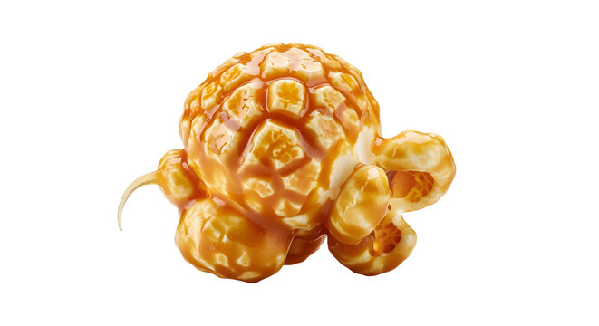 A piece of caramel popcorn with a glossy coat, isolated on white.