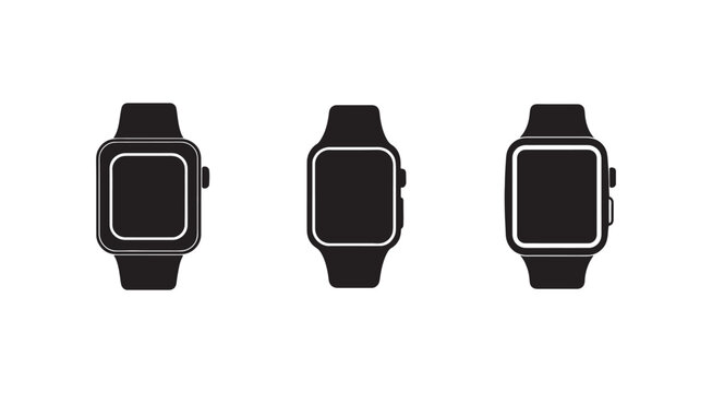 Three smartwatches with square faces and black straps in different angles isolated on white background