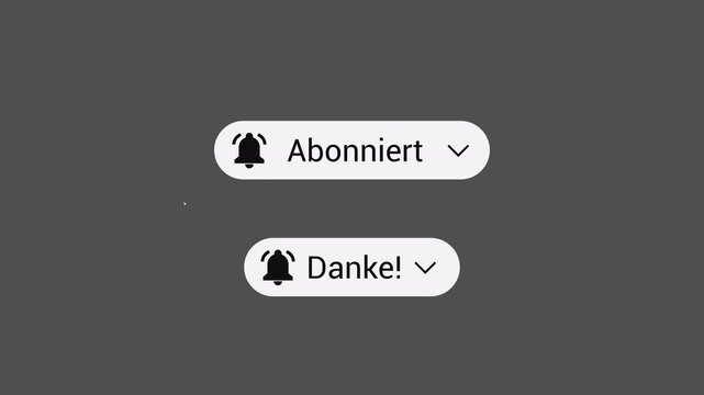 German Language Black Subscribe Button Pack - Subscribed and Thank You - Alpha Channel 4K. After clicking, the button changes color and shows confirmation. 