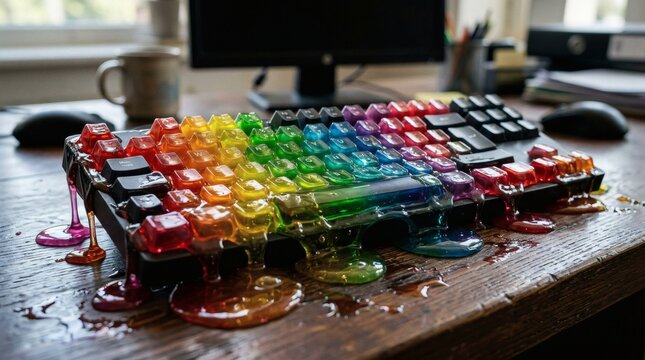Melting rainbow keyboard on wooden desk in office setting