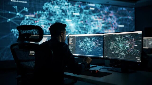 Medium shot of a network operations control center featuring a main operator focused on console screens with a large wall of glowing network maps blurred in the background dimly