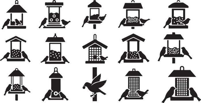 Black and white bird feeder icons with birds illustration