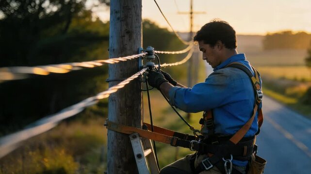 Technician climbing a utility pole to string telecom cables along quiet rural highway focus on workers safety harness distant trees and road blurred.