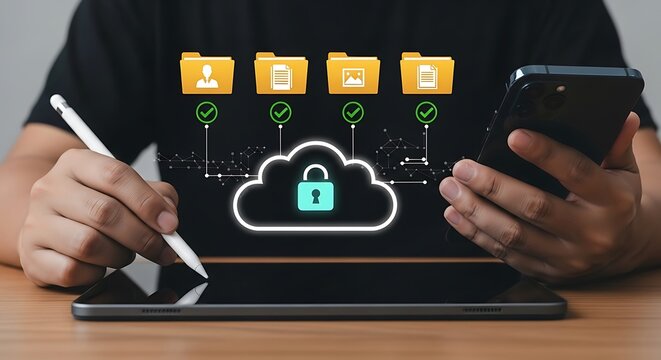 Person holding tablet with cloud storage security on screen and smartphone lock folders files