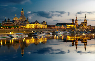 Obraz premium Historic Dresden city skyline with baroque architecture and old town buildings along the Elbe River in Saxony, Germany, scenic European cityscape and popular travel destination with cultural heritage 