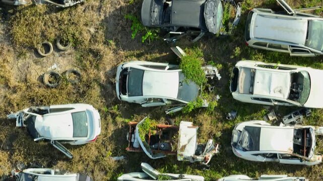 Drone view of a vehicle salvage yard with broken and stripped cars arranged in rows, illustrating end-of-life vehicles and the recovery of reusable automotive parts.
