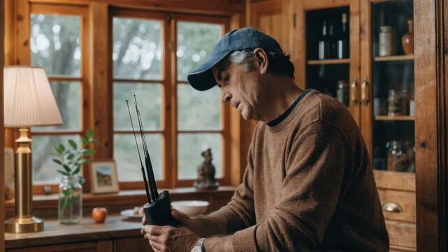 Medium shot of a reseller demonstrating a signal strength monitor inside a farmhouse the rustic interior sharply focused against a softly blurred window view.