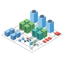 Isometric Data Center Illustration with Servers and Cooling Systems.